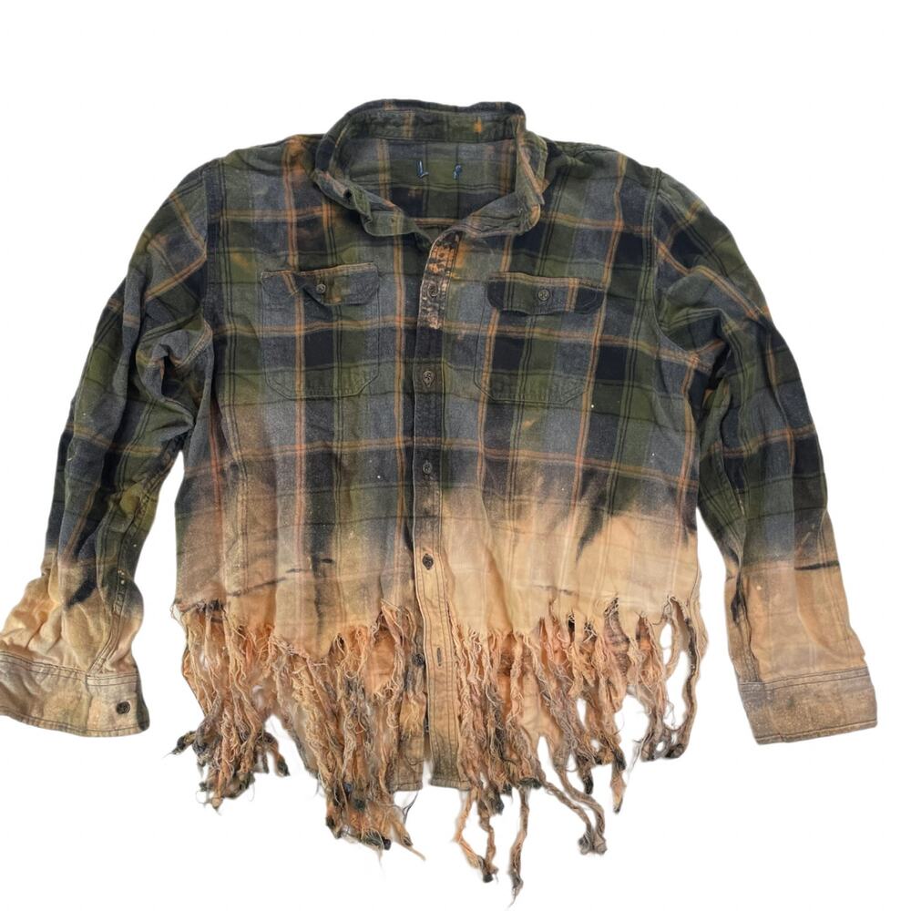 Unbranded Bleached Distressed Fringe Flannel Shirt Green Plaid Men's L Grunge